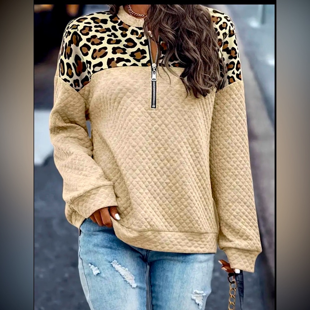 It is Well Boutique Leopard Color Block 1/4 Zip Sweatshirt/Casual Top; NWOT; Med